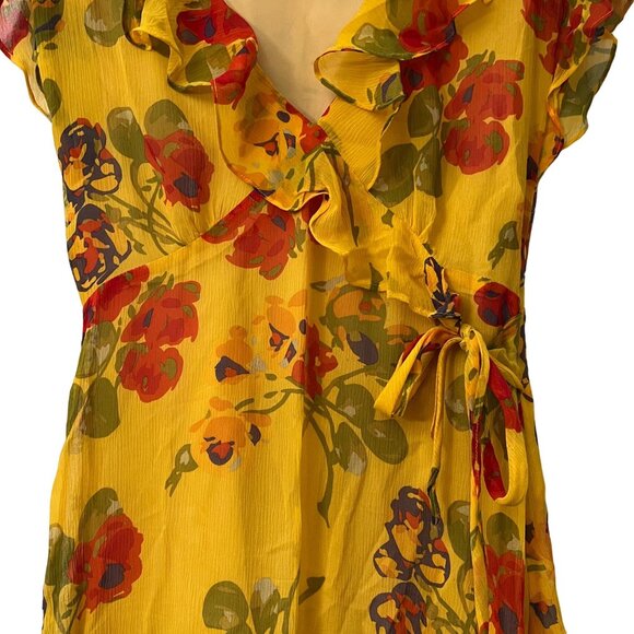 Sundance Womens Golden Yellow Floral Faux Wrap Ruffle Silk Dress Size Petite 2 - Picture 3 of 6